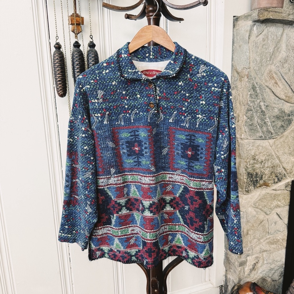 Vintage Southwestern Rug Print Long Sleeve Shirt Oversized Medium
